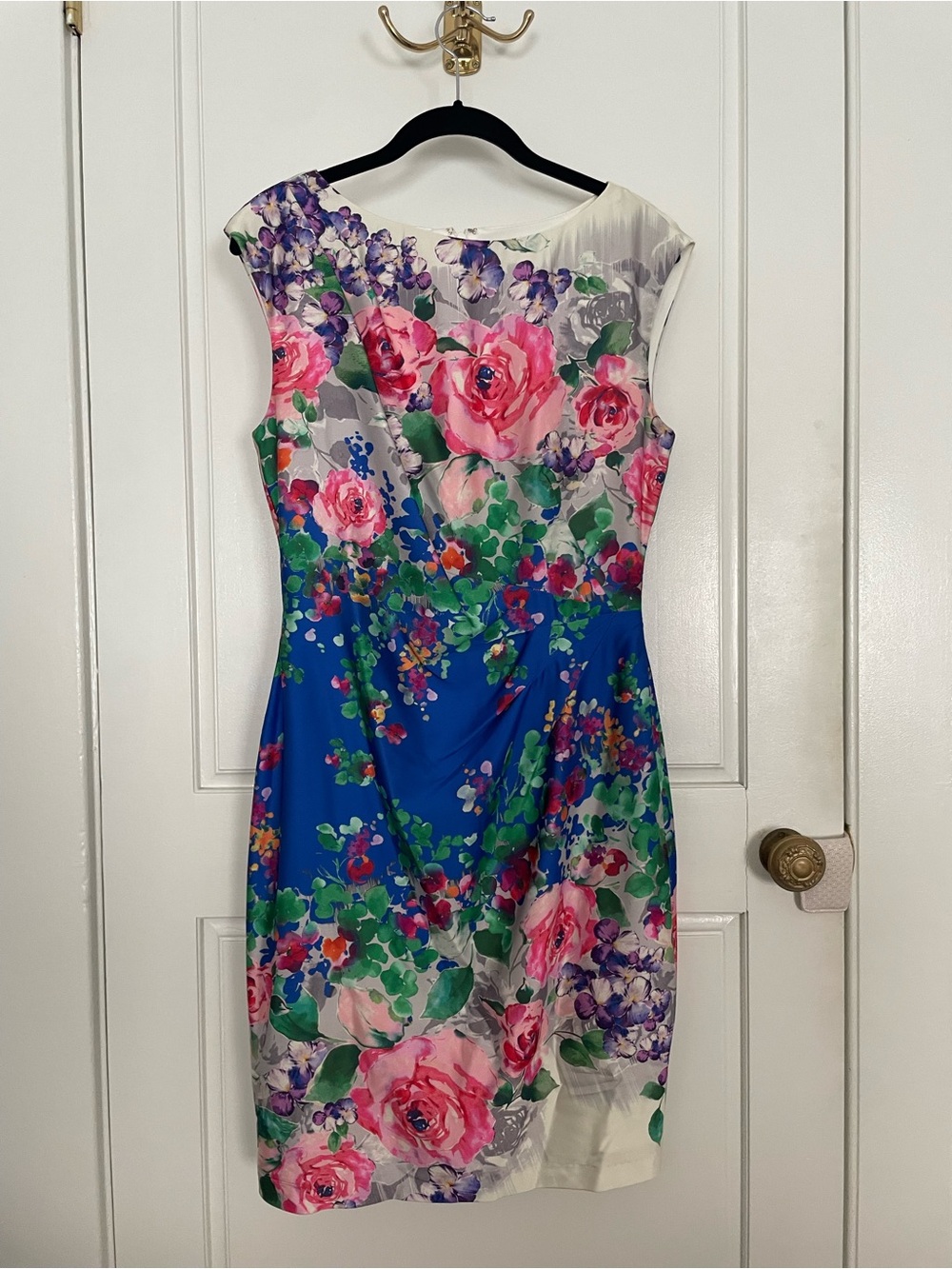 Suzi Chin for Maggy Boutique Blue Floral Sheath Dress with Pink Roses
